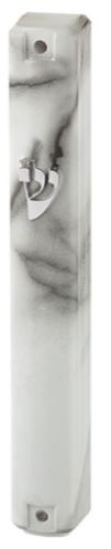 Art Judaica: Mezuzah Case - Plastic - Grey Marble - Silver Shin 12cm