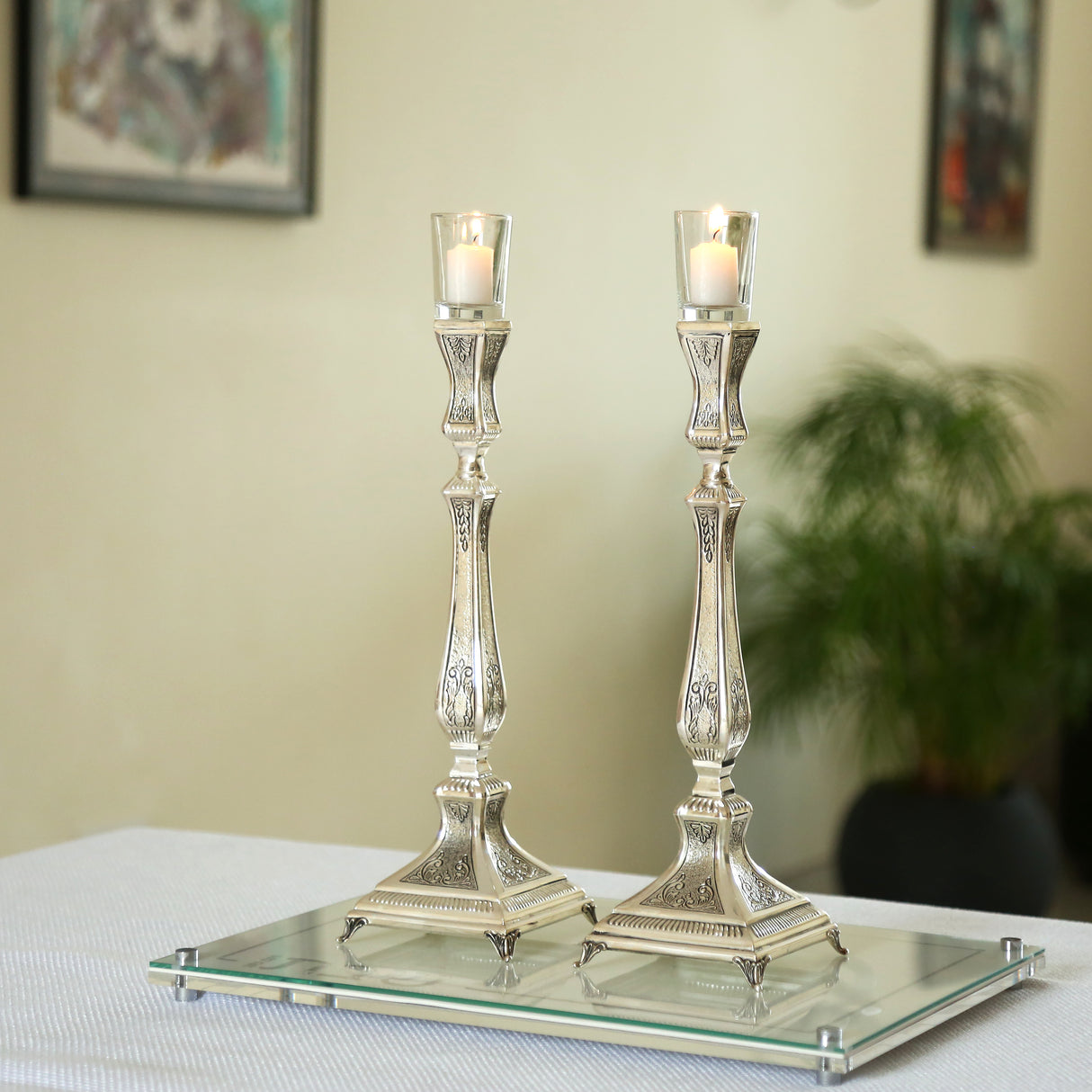 Haddad Bros : Candlesticks - Silver Dipped - Classic Design - Floral 30cm