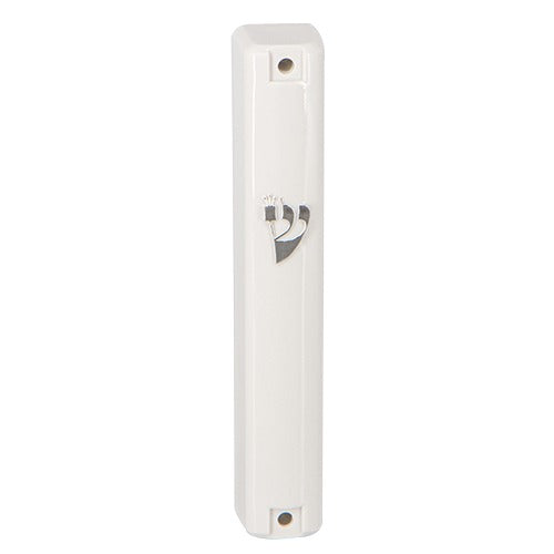 Art Judaica: Mezuzah Case Plastic White With Rubber Cork Silver Shin 12 Cm