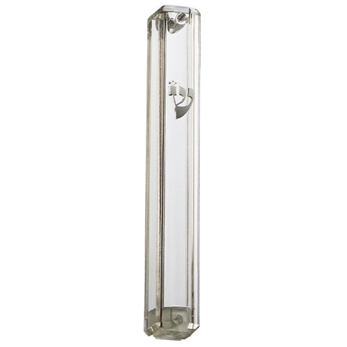 Art Judaica: Mezuzah Case - Transparent - Silver Shin 10cm