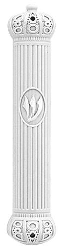 Art Judaica: Mezuzah Case Plastic White With Rubber Cork Silver Shin 15 Cm