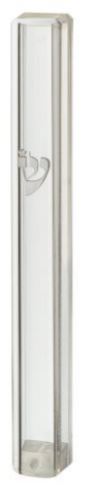 Art Judaica: Mezuzah Case - Acrylic- Clear With White Shin 15 cms