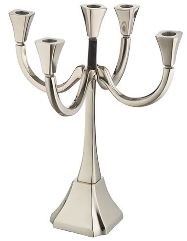 Art Judaica: Candelabra- 5 Branches-Geometric Design- Silver Colour-Aluminium-37cm