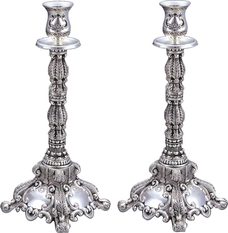 Art Judaica: Candlesticks - Nickel-Ornate Design-Silver Colour 35cm