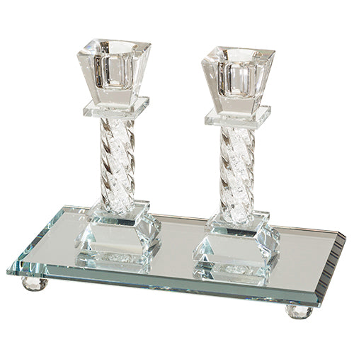 Art Judaica: Candlesticks - Crystal With Elegant Tray 14cm